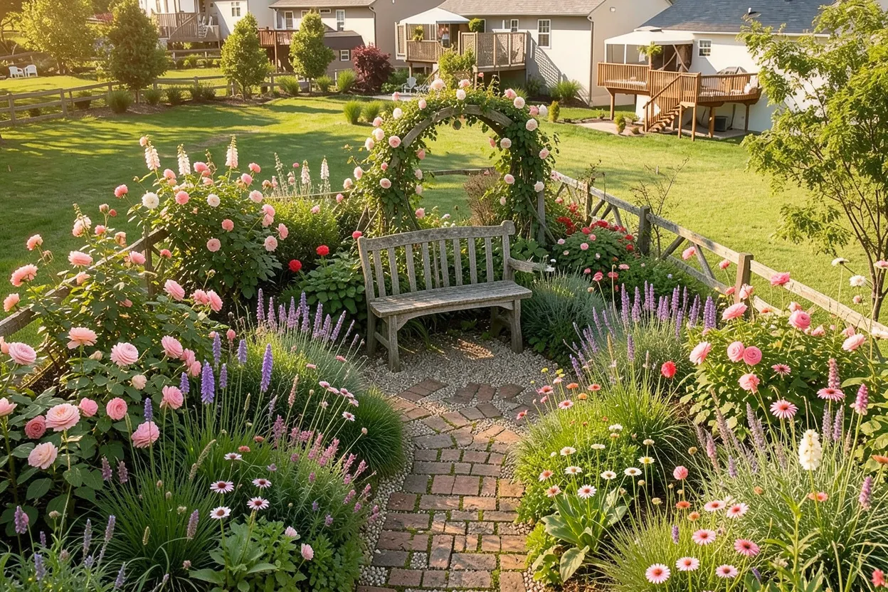Open suburban backyard, USA: Cottage landscape redesign generated with LandscapeGPT