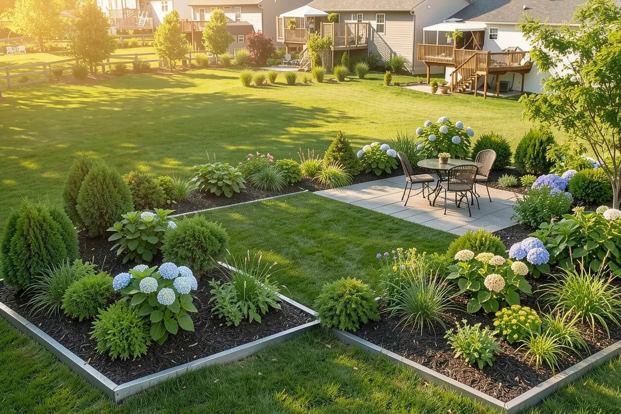 Open suburban backyard, USA: Low-maintenance landscape redesign generated with LandscapeGPT