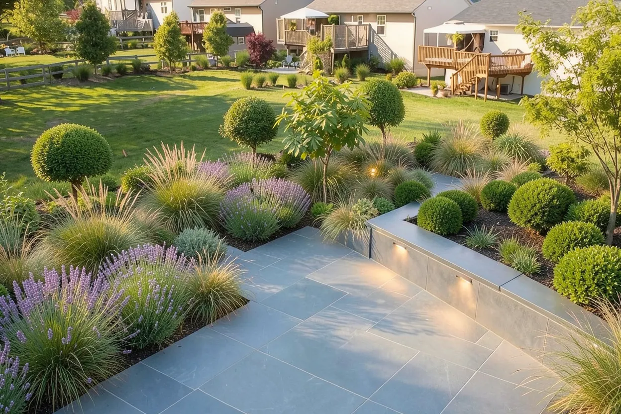 Open suburban backyard, USA: Modern landscape redesign generated with LandscapeGPT