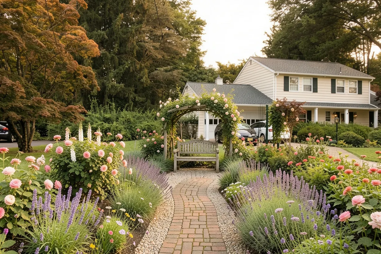 Broad front lawn conversion, New Jersey: Cottage landscape redesign generated with LandscapeGPT