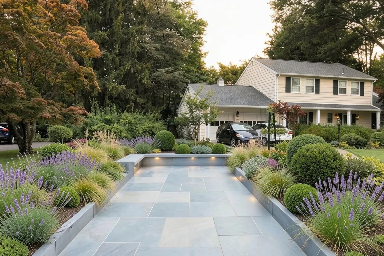 Broad front lawn conversion, New Jersey: Modern landscape redesign generated with LandscapeGPT