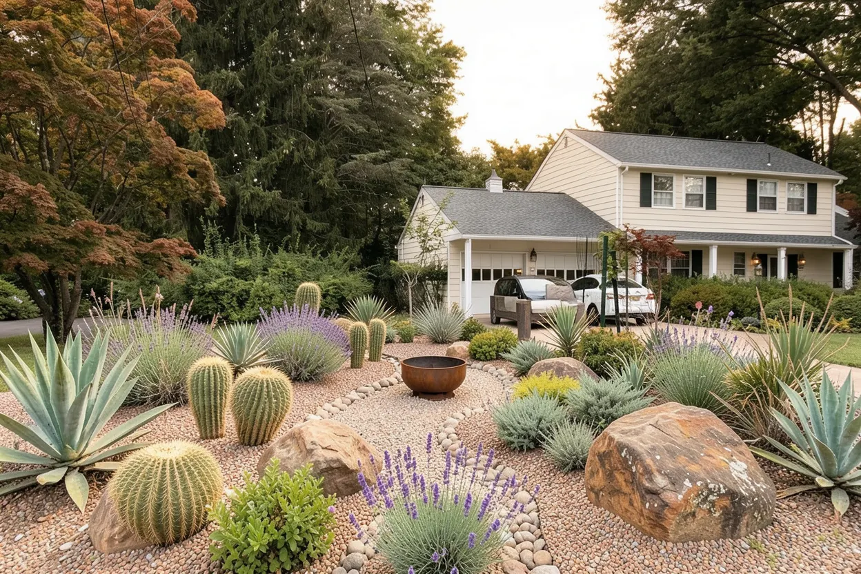 Broad front lawn conversion, New Jersey: Desert xeriscape landscape redesign generated with LandscapeGPT