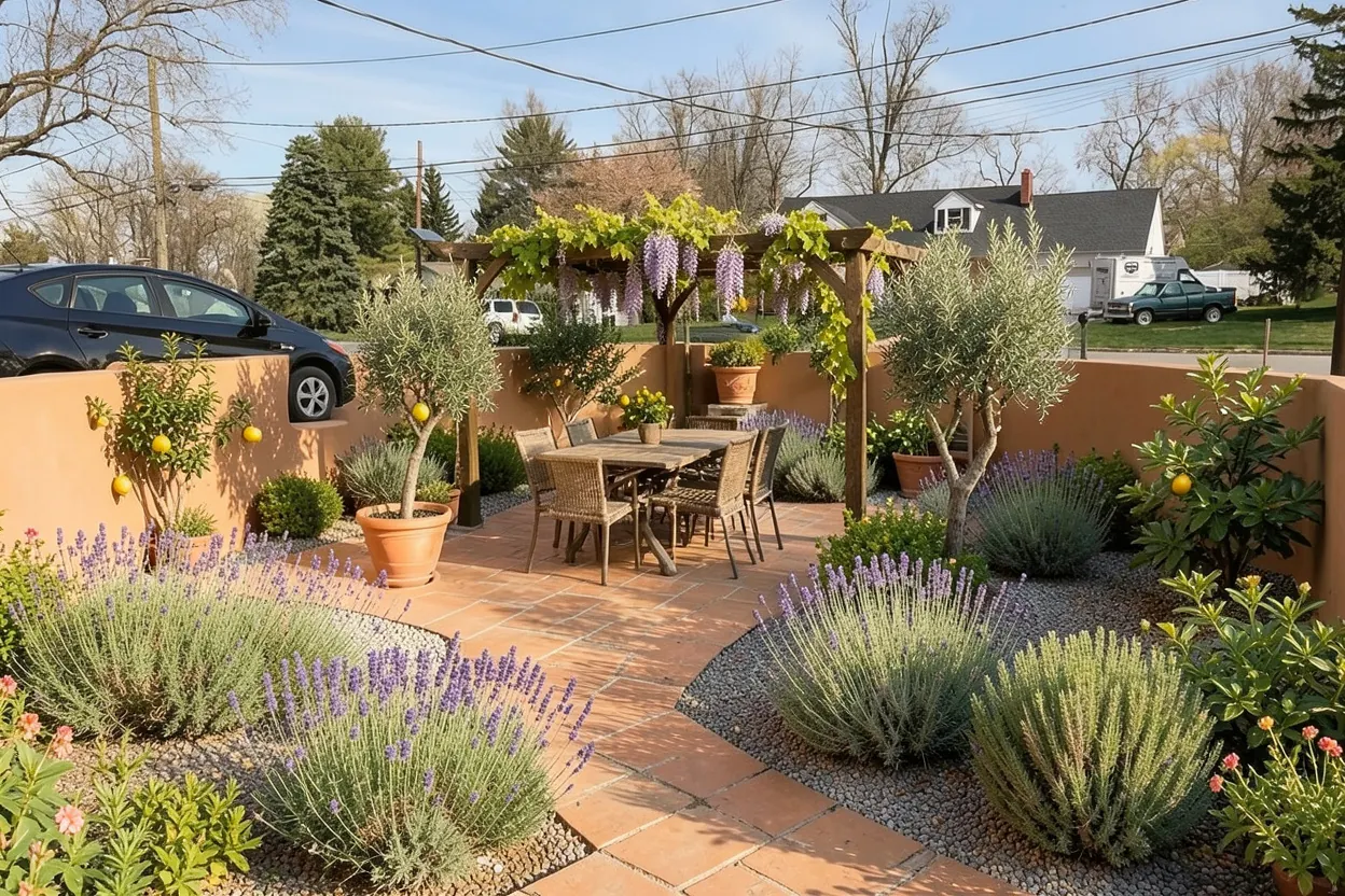 Lawn conversion canvas, New Jersey: Mediterranean landscape redesign generated with LandscapeGPT