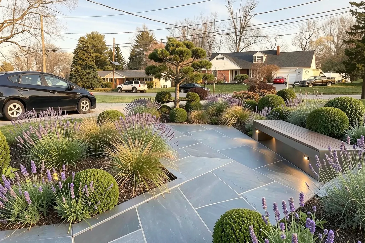 Lawn conversion canvas, New Jersey: Modern landscape redesign generated with LandscapeGPT
