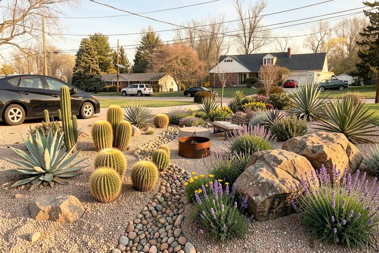 Lawn conversion canvas, New Jersey: Desert xeriscape landscape redesign generated with LandscapeGPT