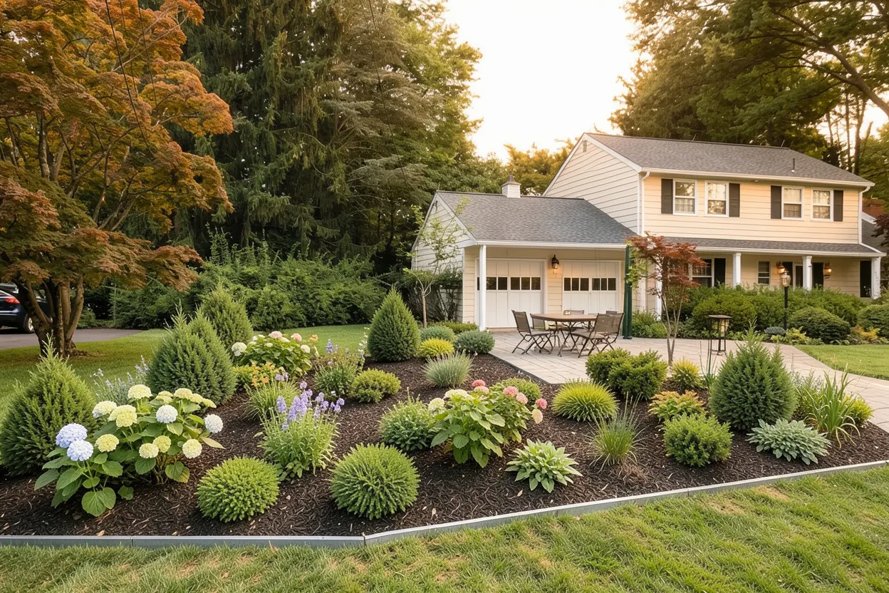 Front lawn with established planting: Low-maintenance landscape redesign generated with LandscapeGPT
