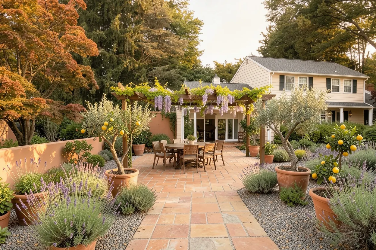 Front lawn with established planting: Mediterranean landscape redesign generated with LandscapeGPT