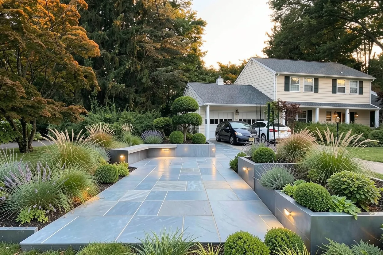 Front lawn with established planting: Modern landscape redesign generated with LandscapeGPT