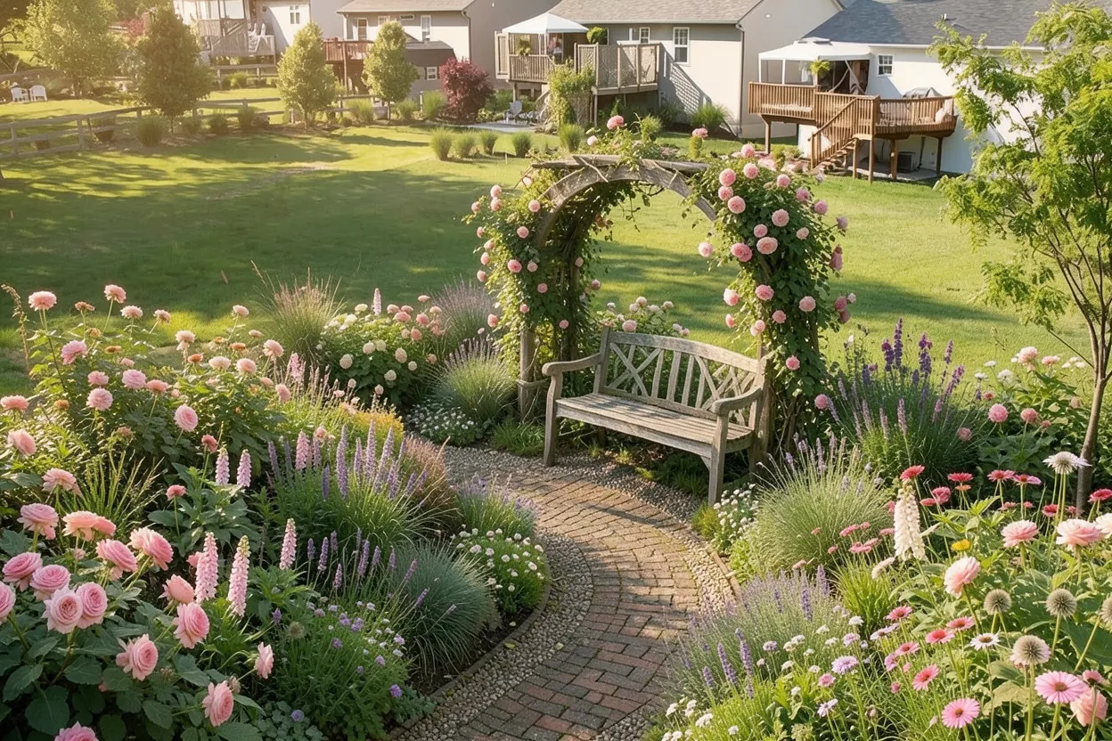 Open lawn with a simple boundary: Cottage landscape redesign generated with LandscapeGPT