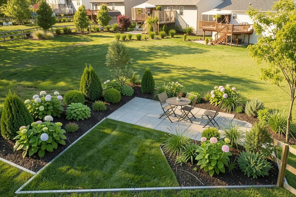 Open lawn with a simple boundary: Low-maintenance landscape redesign generated with LandscapeGPT