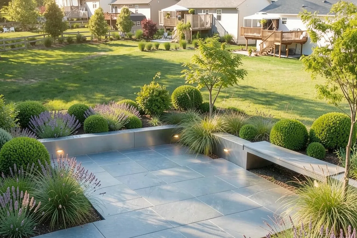 Open lawn with a simple boundary: Modern landscape redesign generated with LandscapeGPT