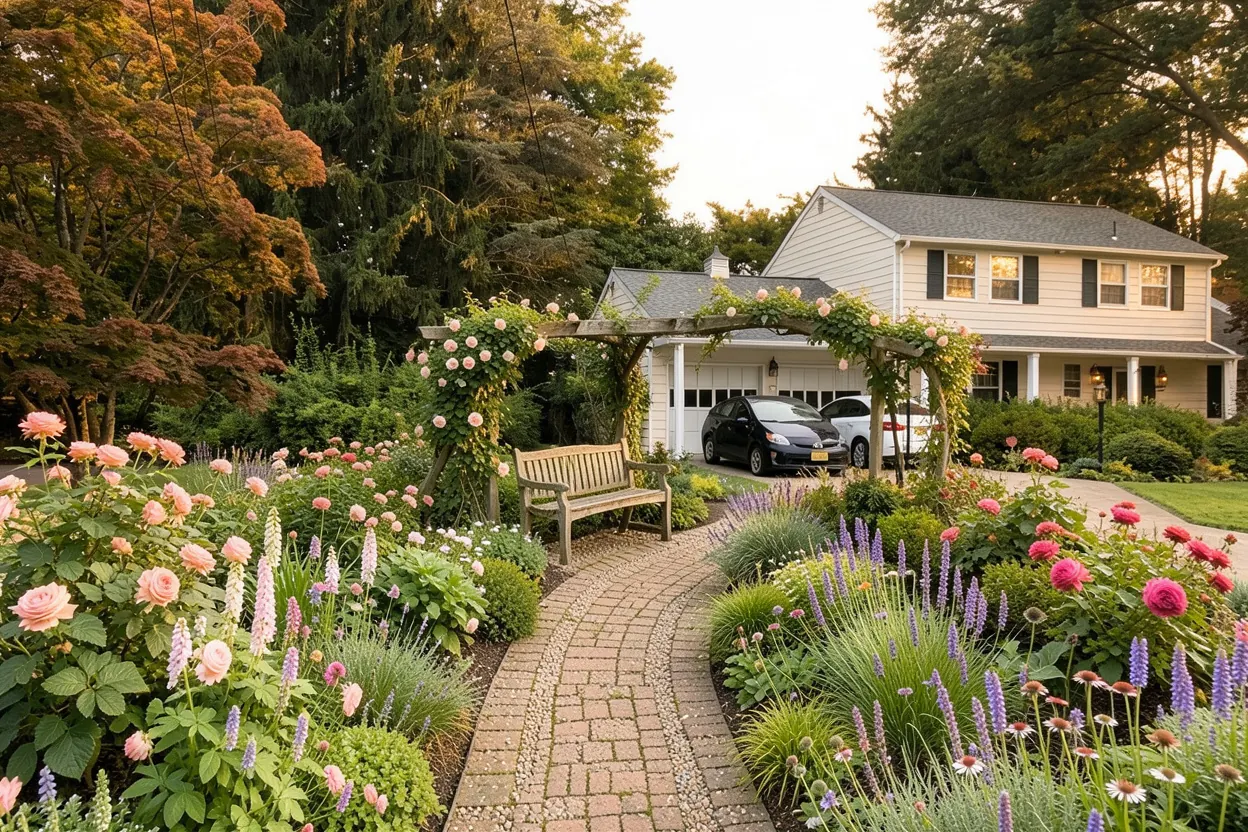 Broad front lawn and house, New Jersey: Cottage landscape redesign generated with LandscapeGPT