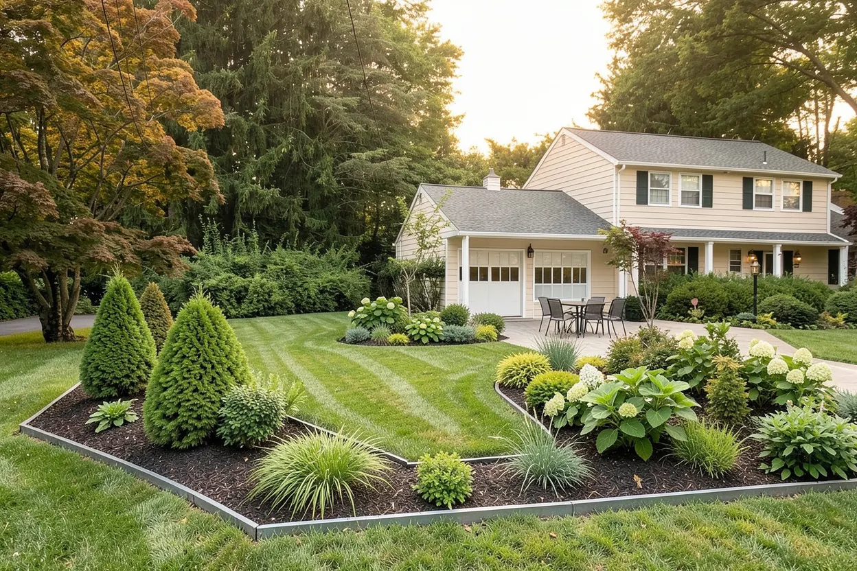 Broad front lawn and house, New Jersey: Low-maintenance landscape redesign generated with LandscapeGPT