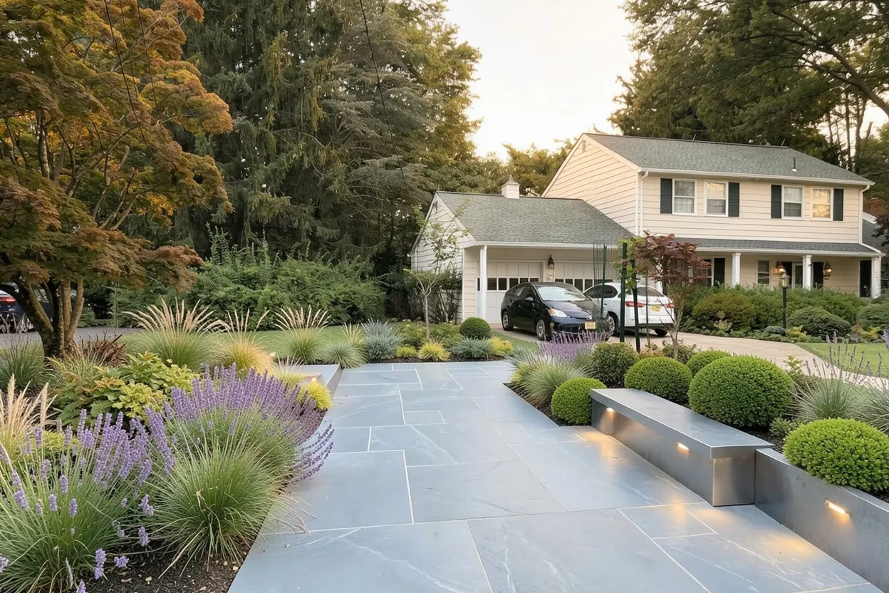 Broad front lawn and house, New Jersey: Modern landscape redesign generated with LandscapeGPT