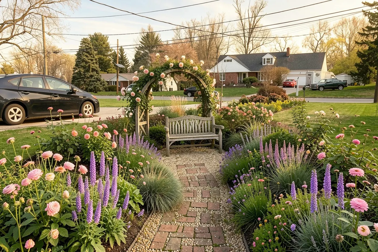 Street-facing lawn, New Jersey: Cottage landscape redesign generated with LandscapeGPT