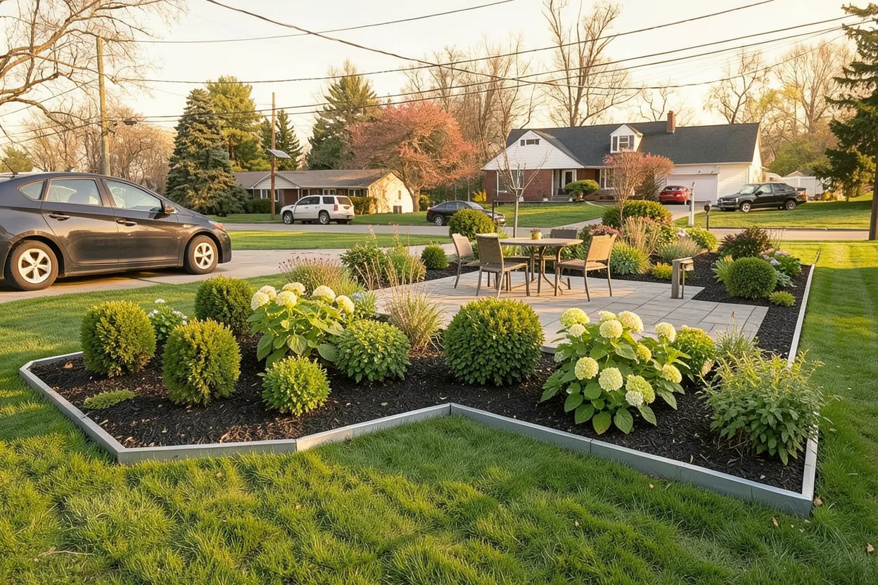 Street-facing lawn, New Jersey: Low-maintenance landscape redesign generated with LandscapeGPT