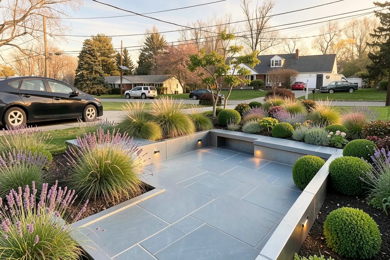 Street-facing lawn, New Jersey: Modern landscape redesign generated with LandscapeGPT