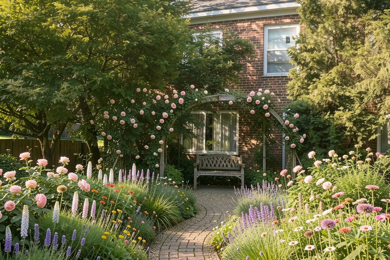 Shaded brick-townhouse patio, Massachusetts: Cottage landscape redesign generated with LandscapeGPT