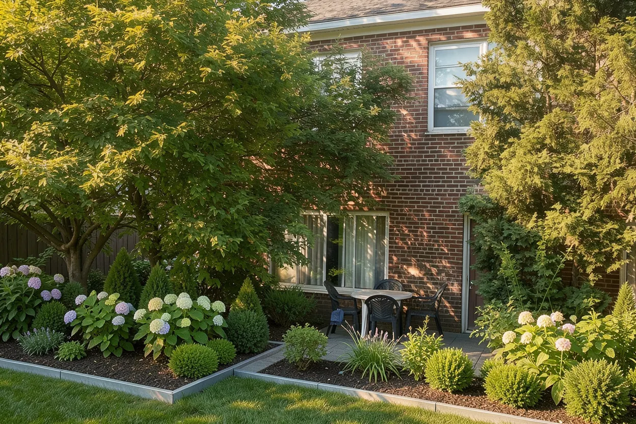 Shaded brick-townhouse patio, Massachusetts: Low-maintenance landscape redesign generated with LandscapeGPT