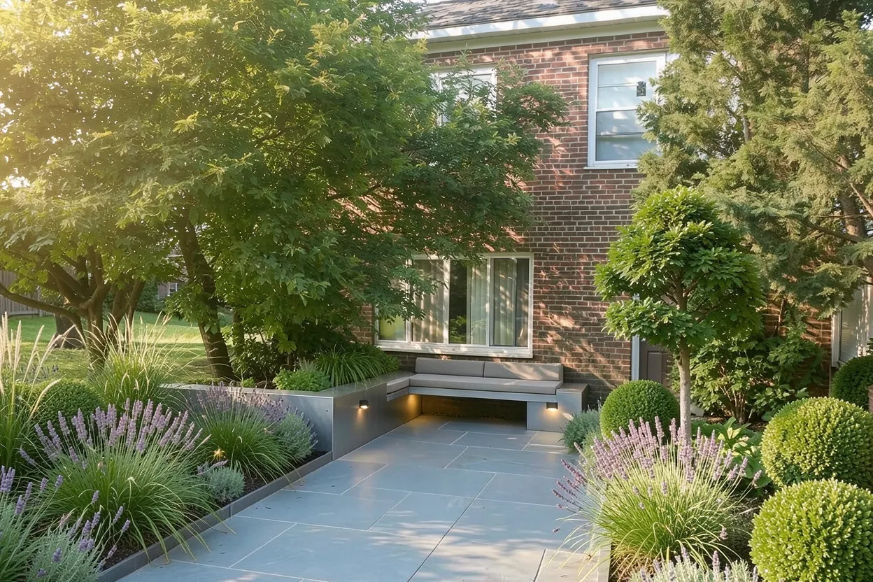Shaded brick-townhouse patio, Massachusetts: Modern landscape redesign generated with LandscapeGPT