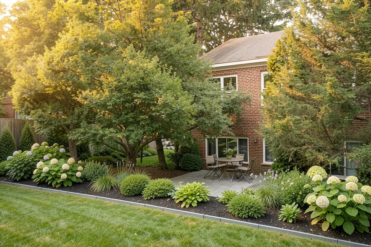 Small townhouse terrace, Massachusetts: Low-maintenance landscape redesign generated with LandscapeGPT