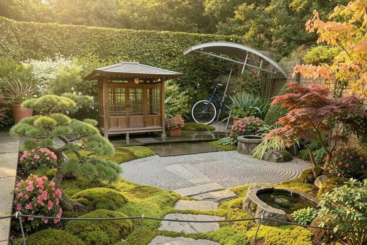 Compact paved show garden, Harlow Carr: Japanese landscape redesign generated with LandscapeGPT