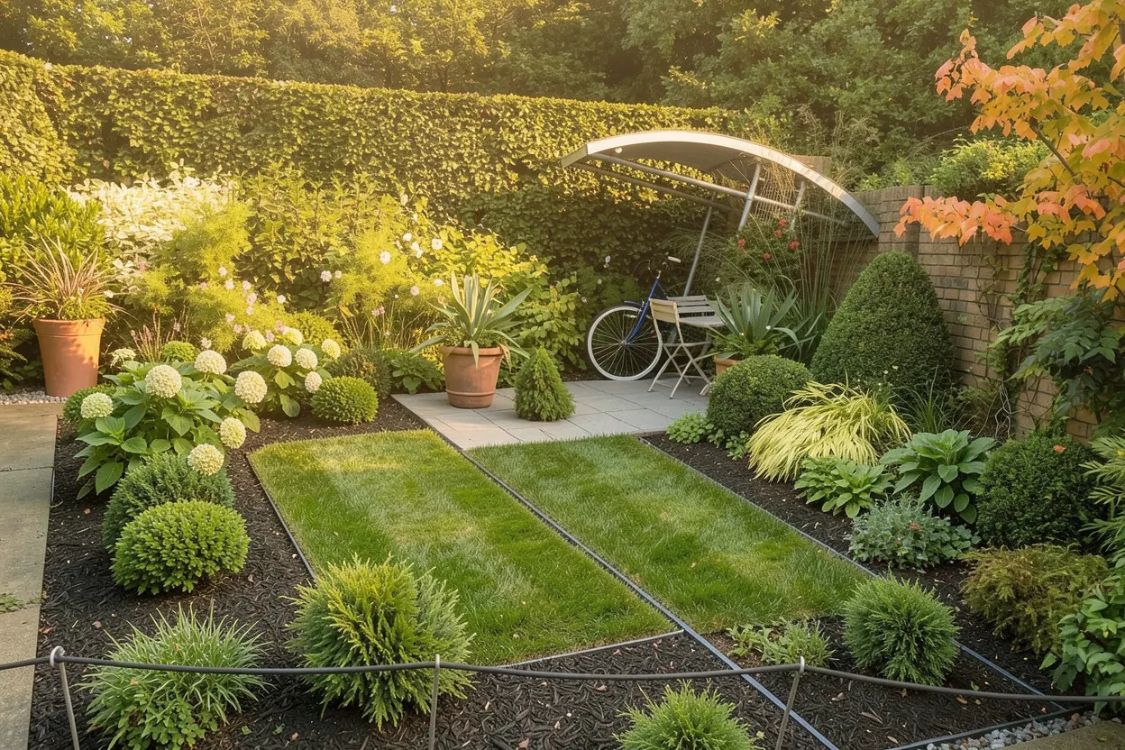 Compact paved show garden, Harlow Carr: Low-maintenance landscape redesign generated with LandscapeGPT