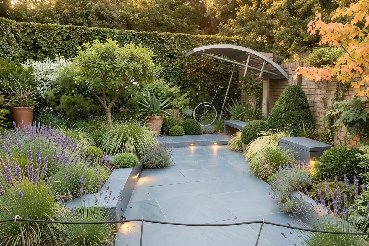 Compact paved show garden, Harlow Carr: Modern landscape redesign generated with LandscapeGPT