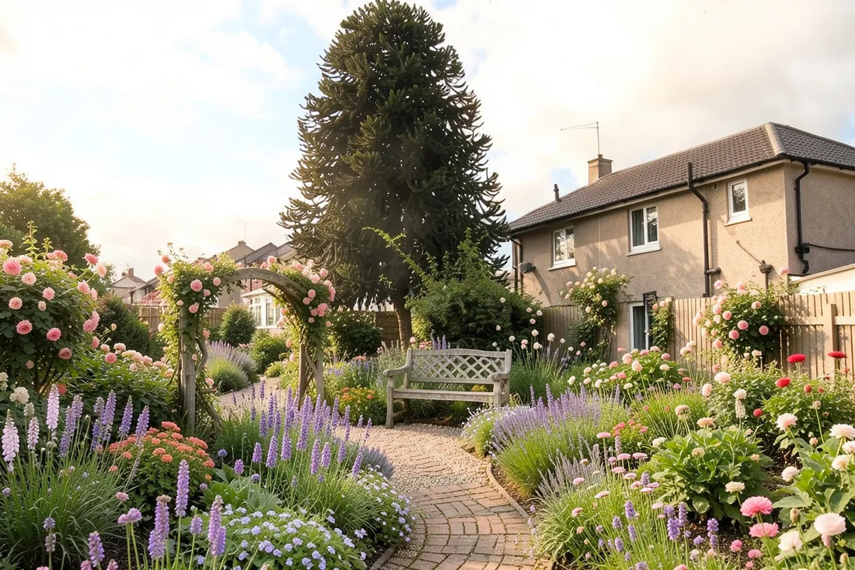 Small back garden with a mature monkey puzzle tree: Cottage landscape redesign generated with LandscapeGPT