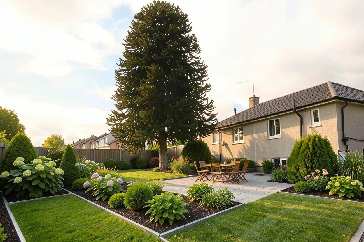 Small back garden with a mature monkey puzzle tree: Low-maintenance landscape redesign generated with LandscapeGPT