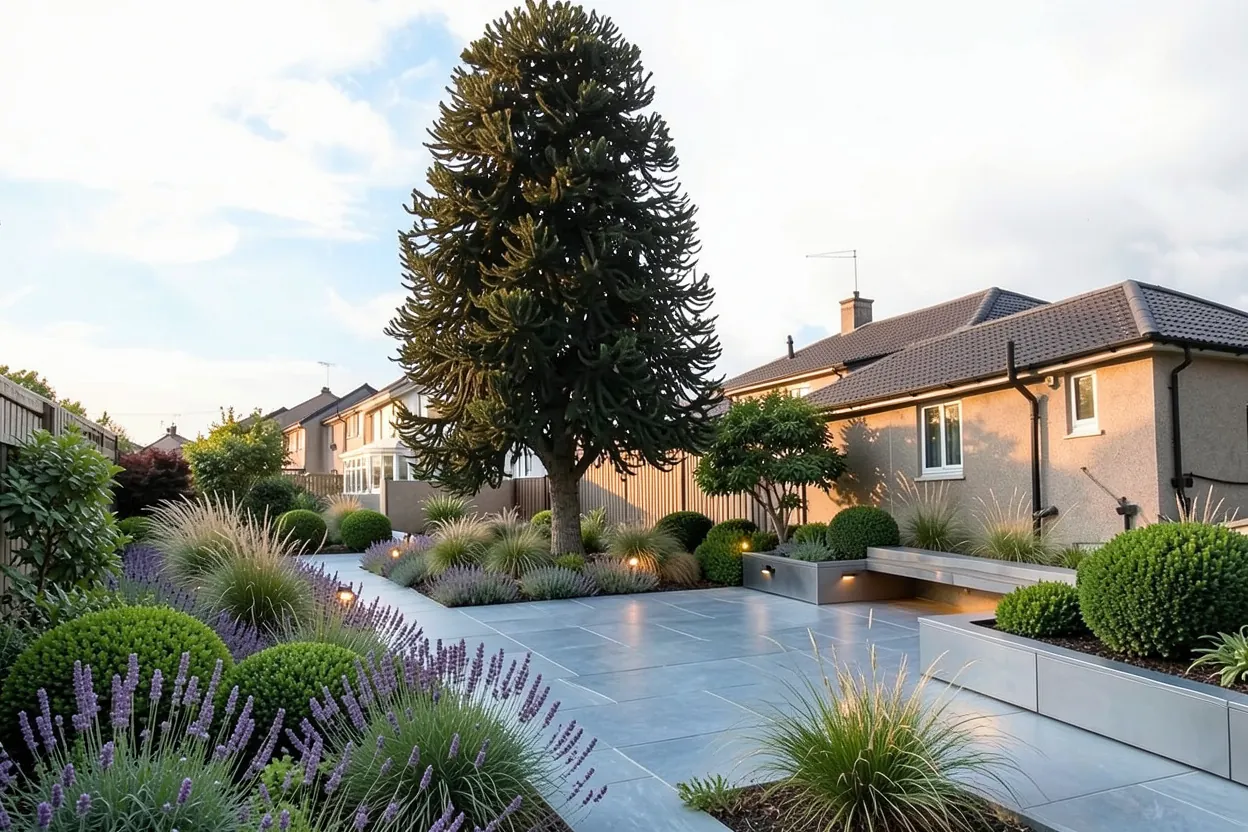 Small back garden with a mature monkey puzzle tree: Modern landscape redesign generated with LandscapeGPT