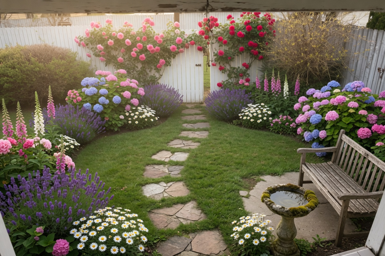 Cottage garden with climbing roses and flagstone path