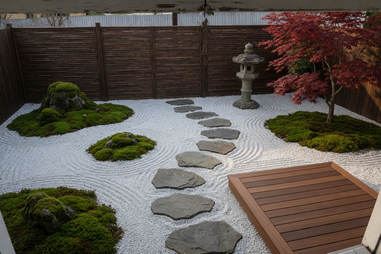 Japanese garden with raked gravel, moss and maple