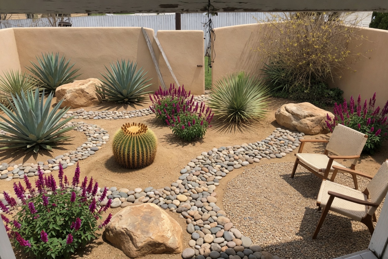 Desert xeriscape with agave, cactus and river rock